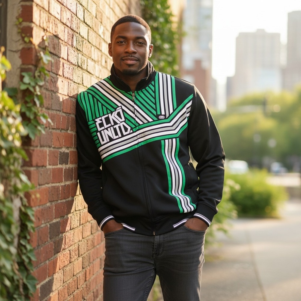 Ecko Unltd Mens Track‎ Jacket Black Green White Striped Full Zip XL Streetwear